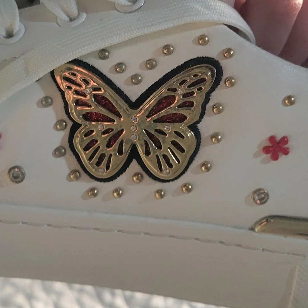 ALDO White Butterfly Embellished Sneakers Gold Studded Size 7 Like New